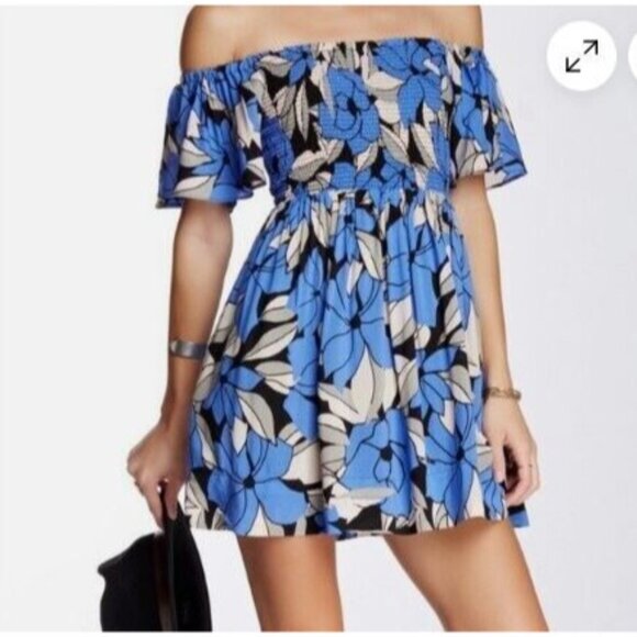 Free People Size L Dress Louise Off Shoulder Mini Floral Smocked Mini Flutter - Picture 11 of 11